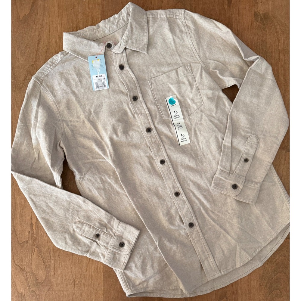Cat & Jack Boys XL 14 Beige Long Sleeve Button Down Shirt NWT